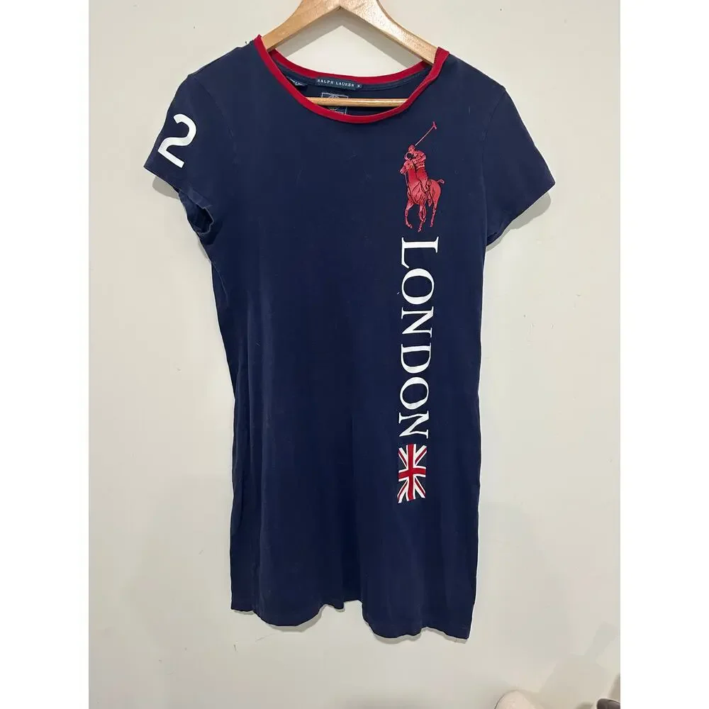 Lauren Ralph Lauren Crewneck Short Sleeve London Tee Shirt Dress Navy Red Size M - Picture 5 of 7